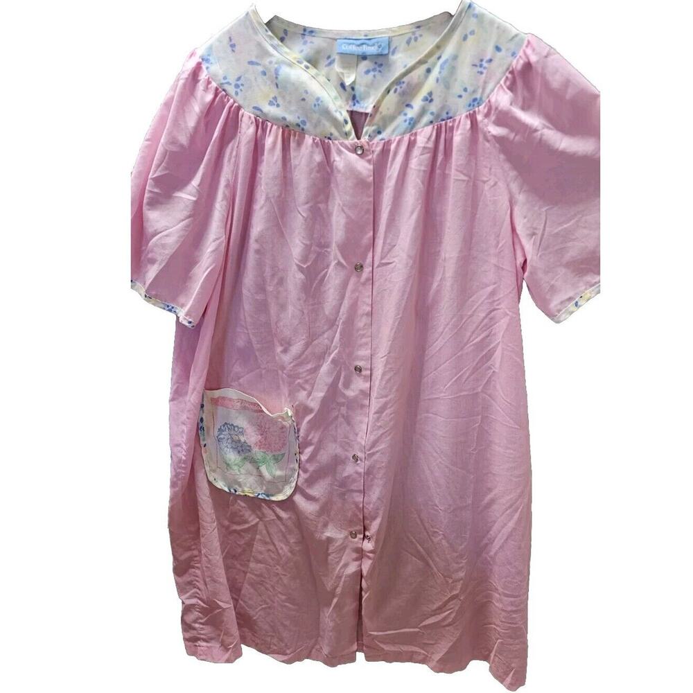 VTG Coffee Time House Coat Dress MuMu Robe Floral USA Snap Front Pink Zinnias XL